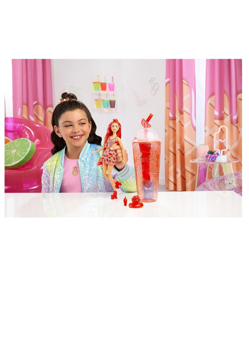 Pop Reveal Fruit Series Watermelon Crush Doll, 8 Surprises Include Pet, Slime, Scent & Color Change