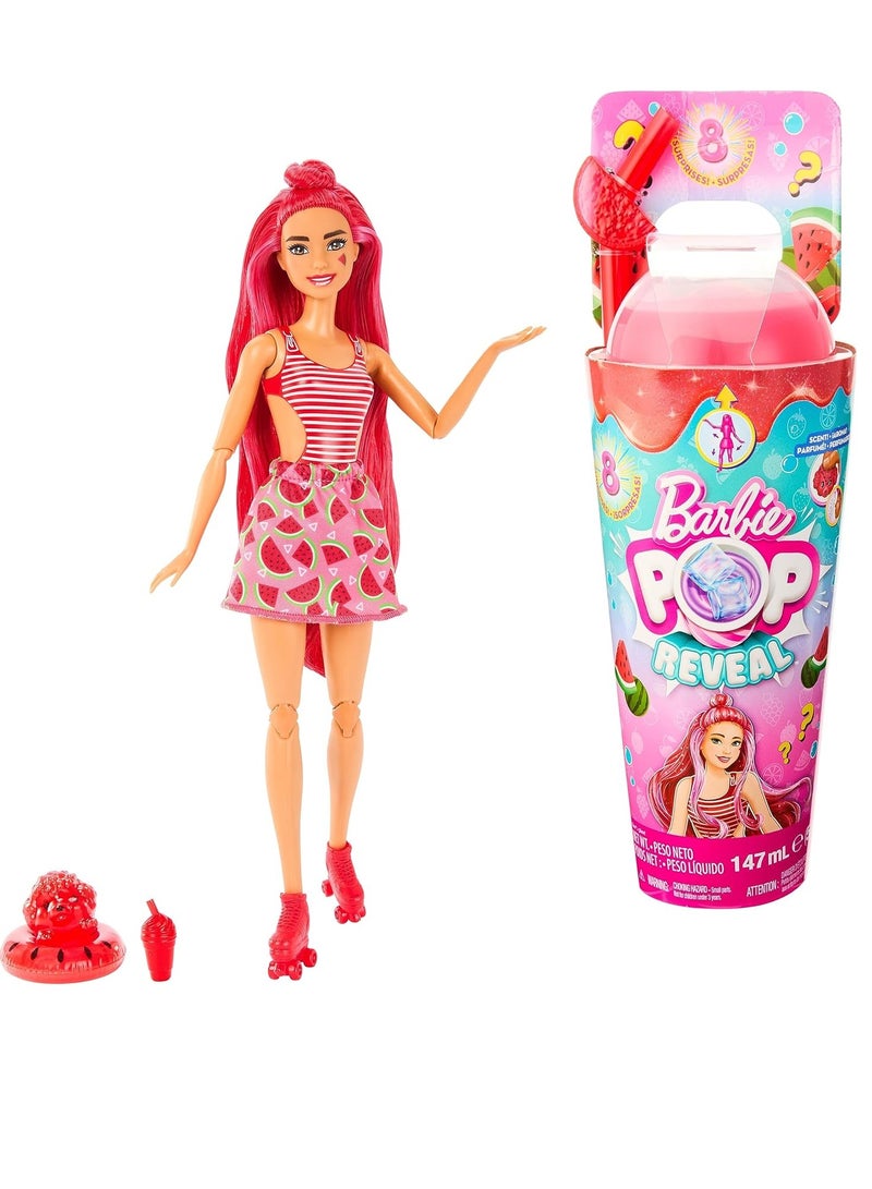 Pop Reveal Fruit Series Watermelon Crush Doll, 8 Surprises Include Pet, Slime, Scent & Color Change