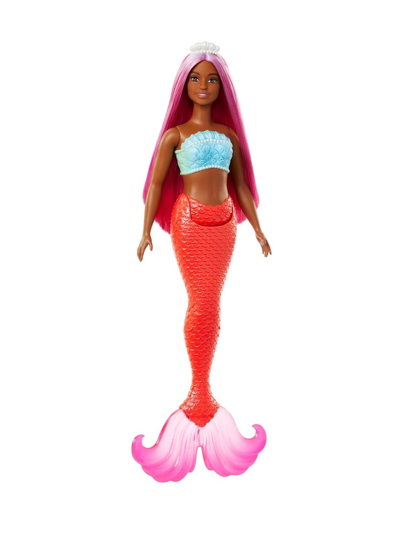 Mermaid Doll with Magenta Fantasy Hair & Headband Accessory, Curvy Body Type with Shell-Inspired Bodice & Tropical Red Tail