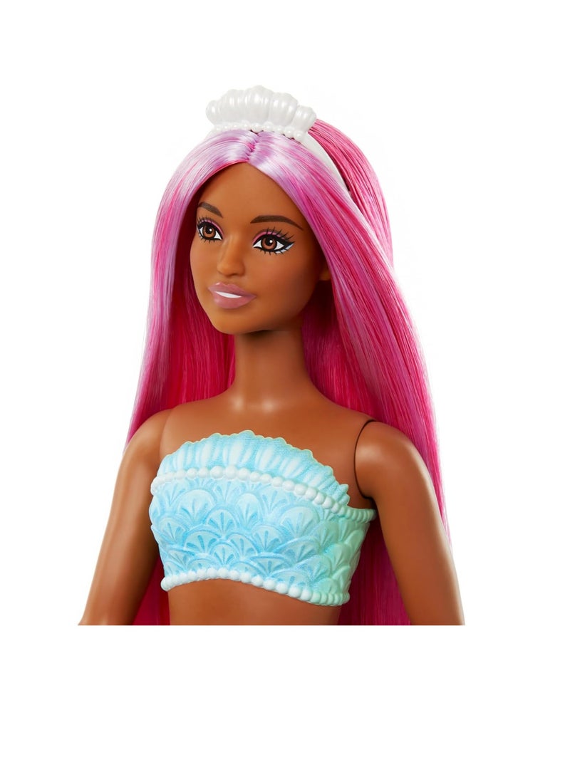 Mermaid Doll with Magenta Fantasy Hair & Headband Accessory, Curvy Body Type with Shell-Inspired Bodice & Tropical Red Tail