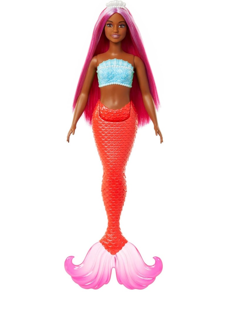 Mermaid Doll with Magenta Fantasy Hair & Headband Accessory, Curvy Body Type with Shell-Inspired Bodice & Tropical Red Tail