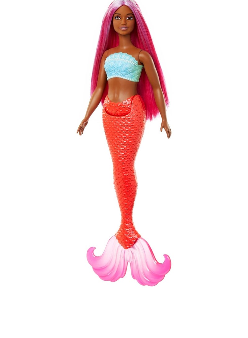 Mermaid Doll with Magenta Fantasy Hair & Headband Accessory, Curvy Body Type with Shell-Inspired Bodice & Tropical Red Tail