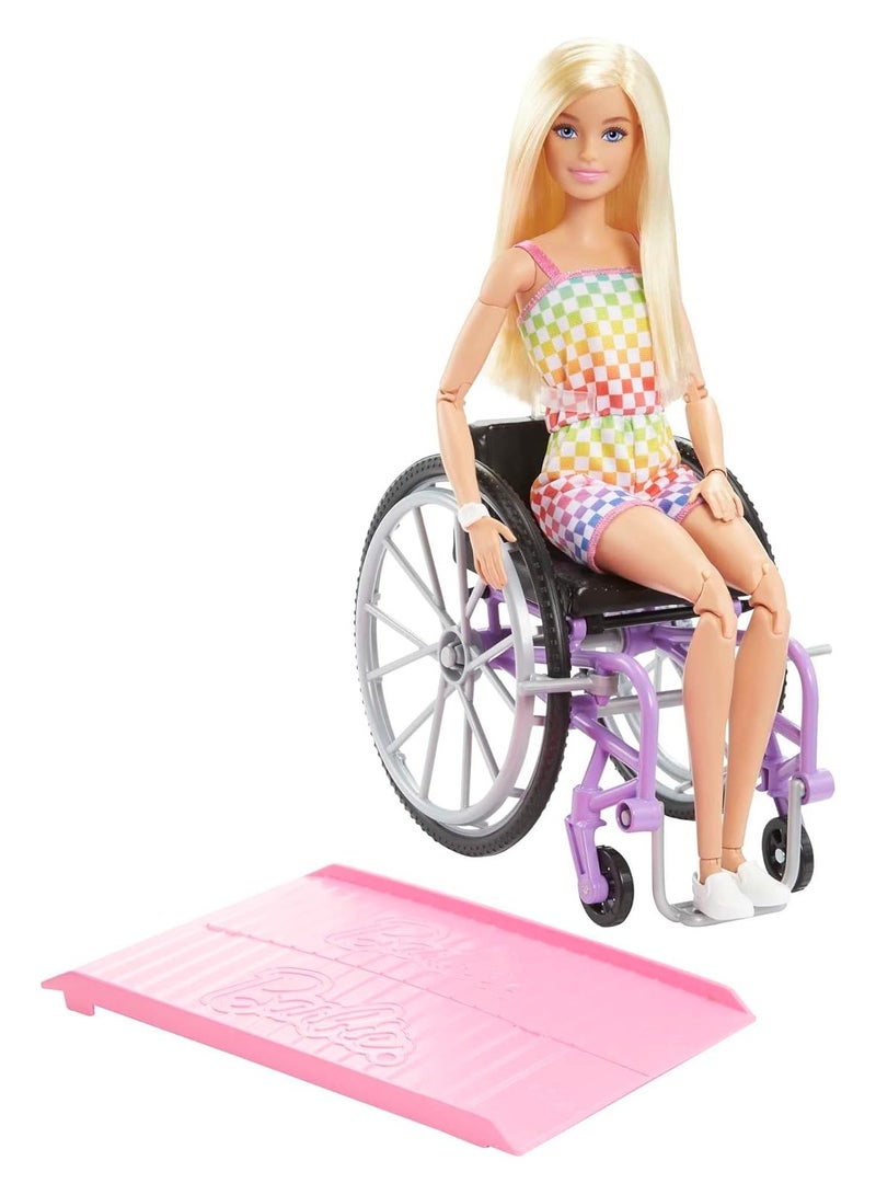 Barbie Fashionistas Doll #194 with Wheelchair & Ramp, Blond Hair, Rainbow Dress & Accessories