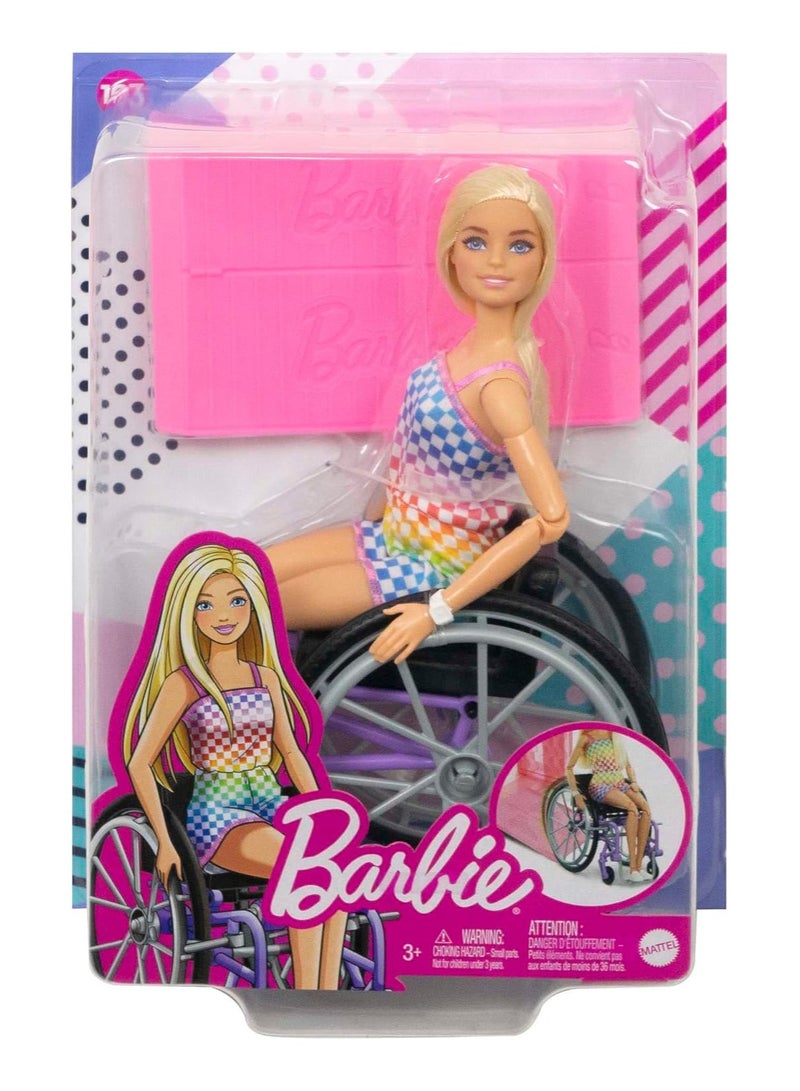 Barbie Fashionistas Doll #194 with Wheelchair & Ramp, Blond Hair, Rainbow Dress & Accessories