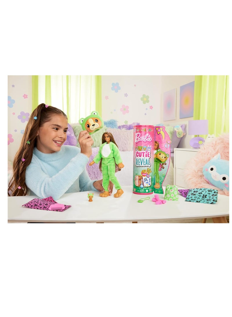 Cutie Reveal Costume-Themed Series Doll & Accessories with 10 Surprises, Puppy as Frog