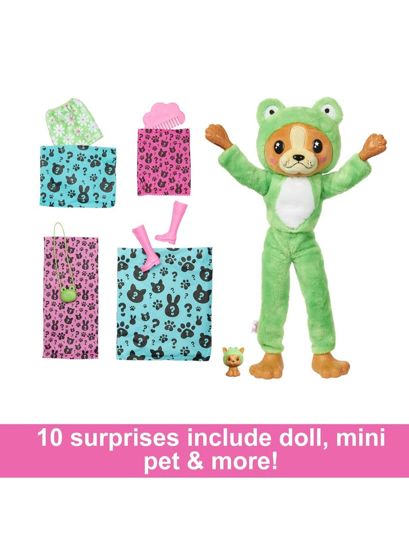 Cutie Reveal Costume-Themed Series Doll & Accessories with 10 Surprises, Puppy as Frog