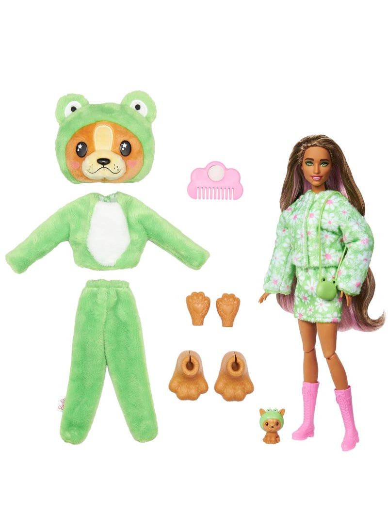 Cutie Reveal Costume-Themed Series Doll & Accessories with 10 Surprises, Puppy as Frog