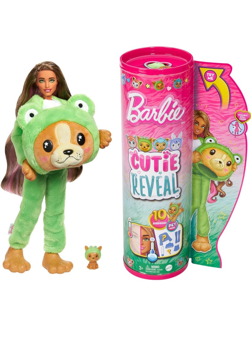 Cutie Reveal Costume-Themed Series Doll & Accessories with 10 Surprises, Puppy as Frog