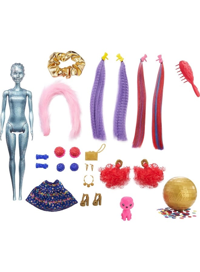 Barbie Color Reveal Glitter! Hair Swaps Doll, Glittery Blue with 25 Hairstyling & Party-Themed Surprises