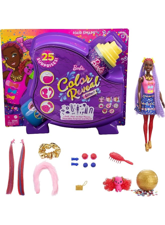 Barbie Color Reveal Glitter! Hair Swaps Doll, Glittery Blue with 25 Hairstyling & Party-Themed Surprises