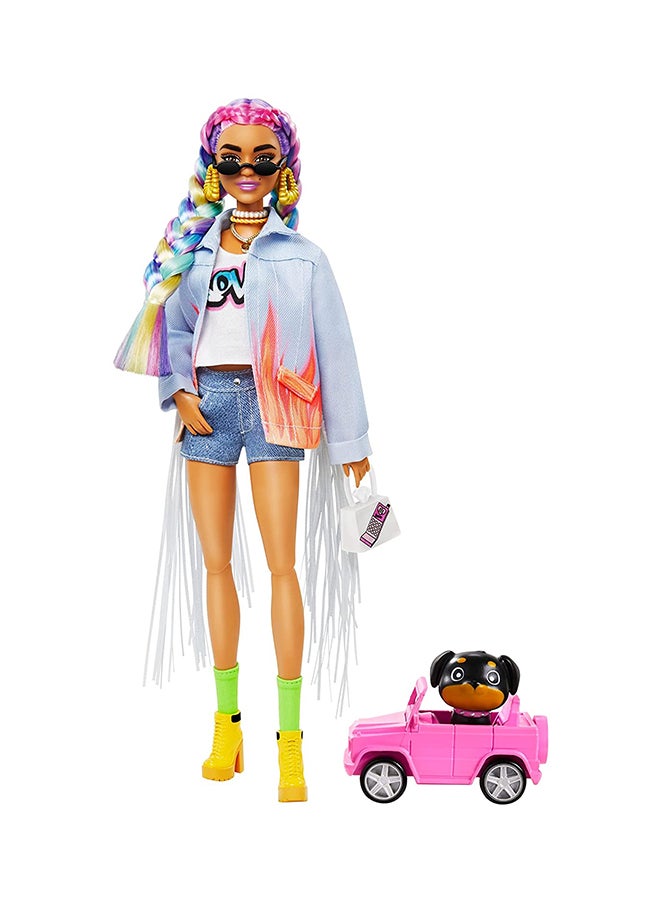 Fashion Doll With Long-Fringe Denim Jacket And Pet Puppy 2.5 x 8 x 12inch