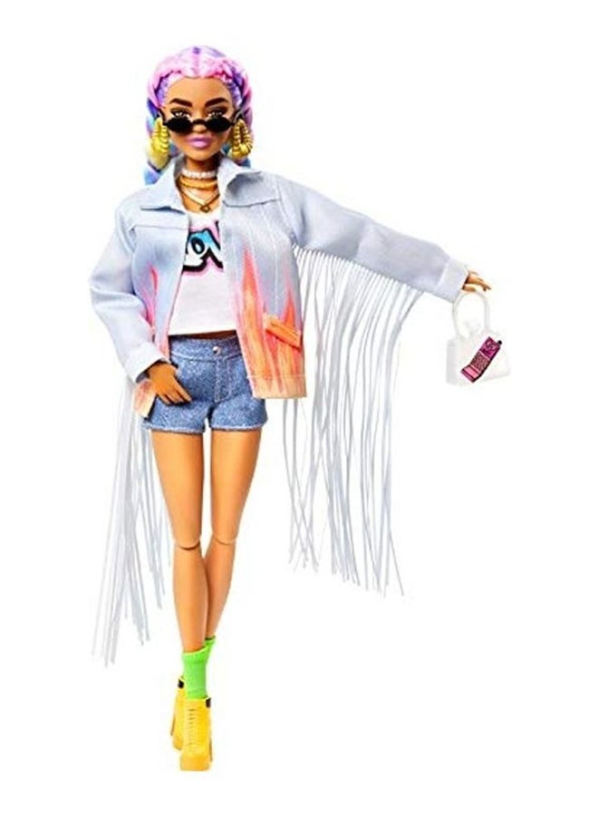 Fashion Doll With Long-Fringe Denim Jacket And Pet Puppy 2.5 x 8 x 12inch