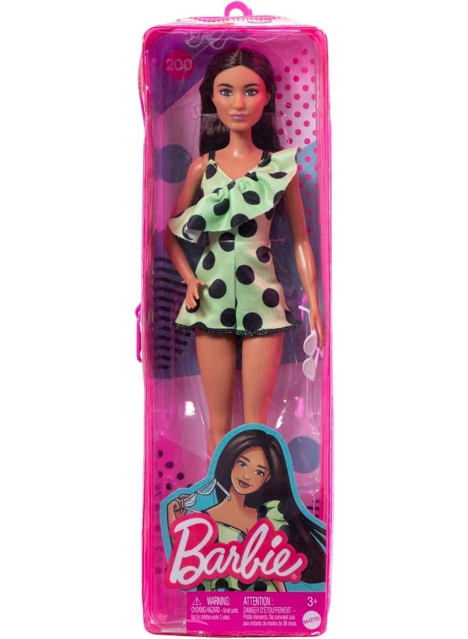 Barbie Fashionistas Doll #200 with Long Straight Brown Hair, Polka Dot Romper and Accessories