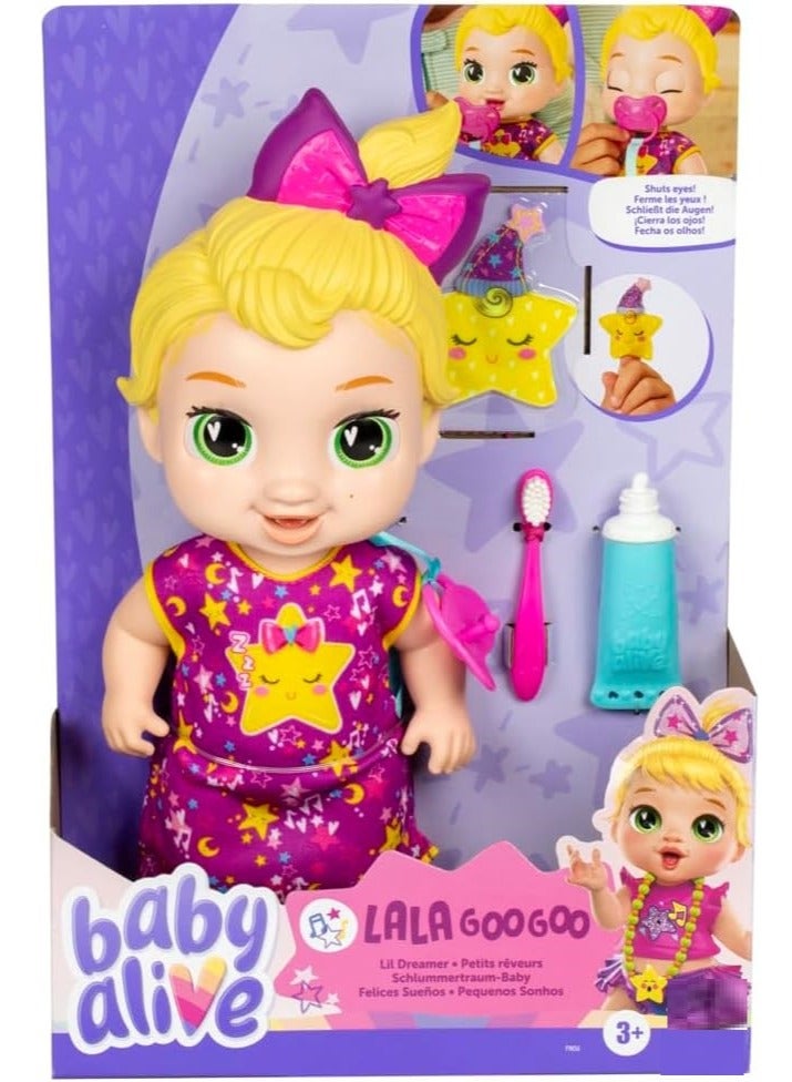 Baby Alive Lil Dreamer LaLa GooGoo Sleepy Baby Doll Set, Blonde Hair, Fun Sleepover Theme, Preschool Toys for Girls & Boys 3 Years & Up