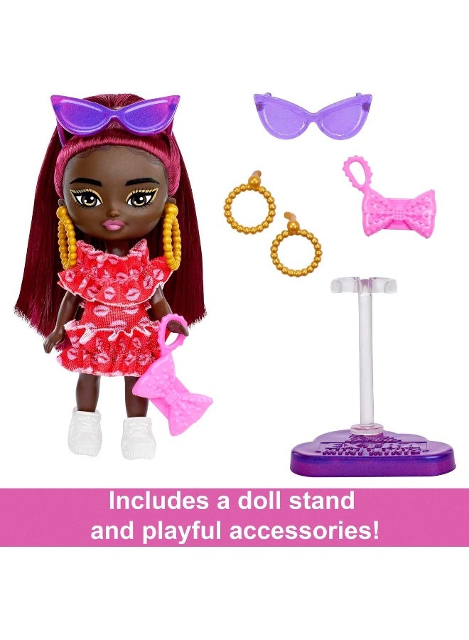 Barbie Extra Mini Doll with Burgundy Hair and Sunglasses, Red Ruffle Dress, Clothes and Accessories