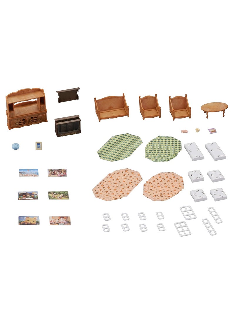 Living Room Furniture Set | Over 40 Pieces of Furniture and Accessories | Ideal for Dollhouses | Interchangeable Chair Fabrics and TV Pictures | Ages 3 & Up