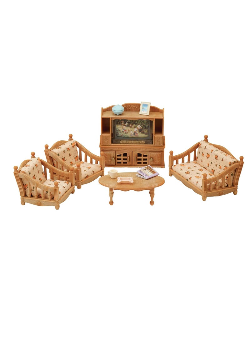 Living Room Furniture Set | Over 40 Pieces of Furniture and Accessories | Ideal for Dollhouses | Interchangeable Chair Fabrics and TV Pictures | Ages 3 & Up