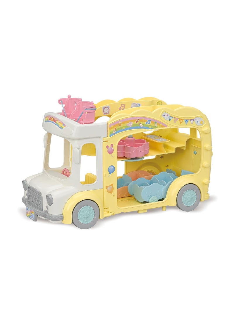 Adventure Nursery Bus Rainbow Playset | 3-Story Bus with Slide, Swing, Carousel, and Stroller | Holds Up to 28 Baby Figures | Ages 3 & Up