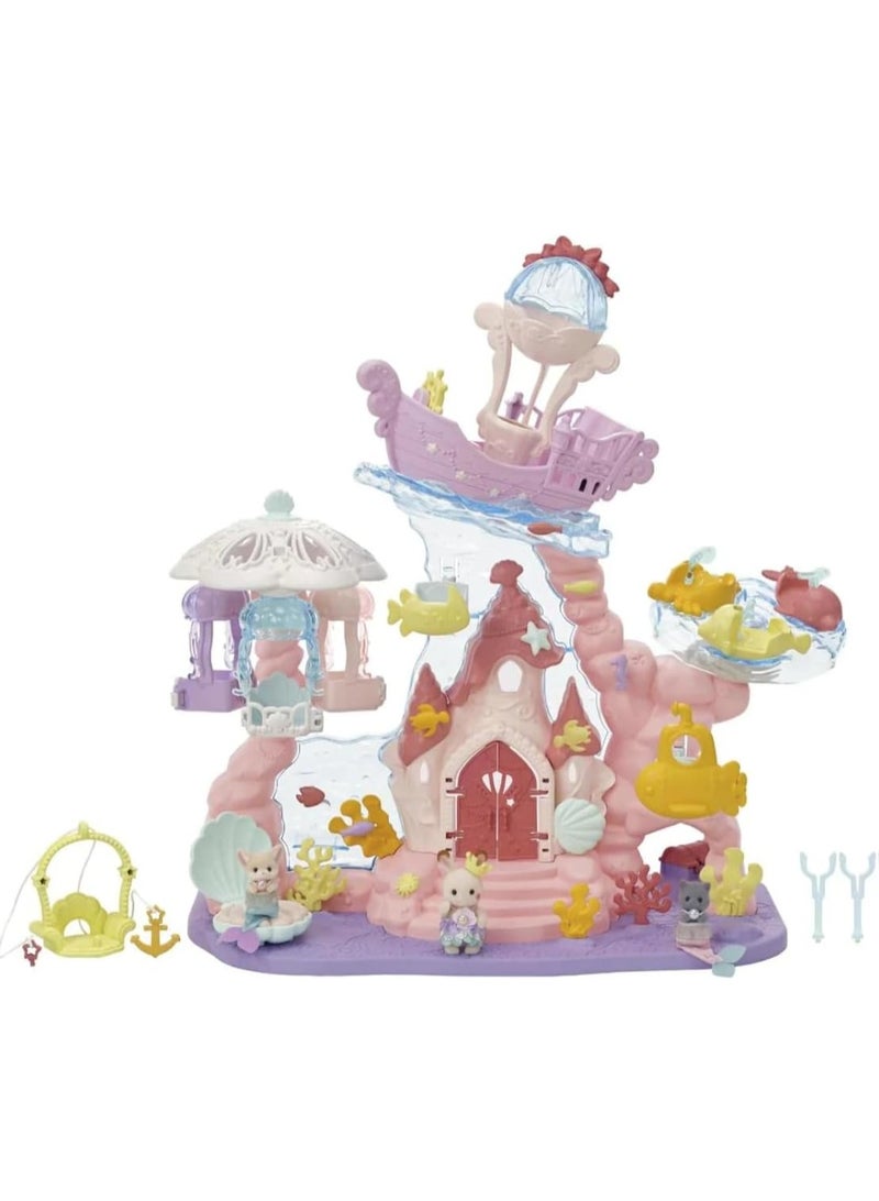 Mermaid Castle Playset |Includes Dream Boat, Jellyfish Swing, Elevator, Submarine, and Secret Cave | Plastic | Animal Theme | For Kids | Funfair Attraction