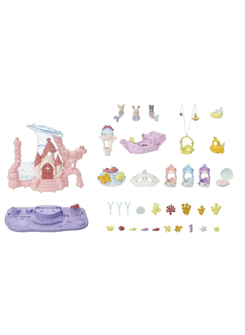 Mermaid Castle Playset |Includes Dream Boat, Jellyfish Swing, Elevator, Submarine, and Secret Cave | Plastic | Animal Theme | For Kids | Funfair Attraction