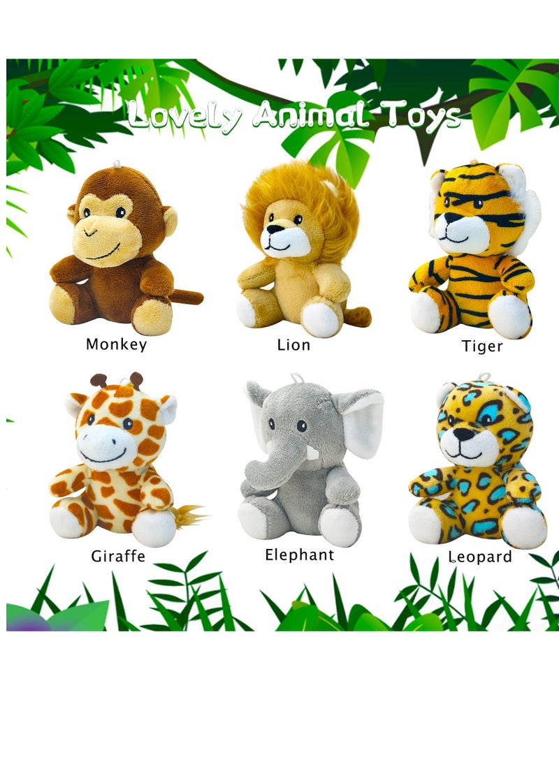 Toy 6 Piece Mini Jungle Stuffed Animals Set Lion Tiger Elephant Giraffe Leopard Monkey Soft Plush Toys for Animal and Woodland Themed Parties for Classroom Prizes and Gift for Boys and Girls