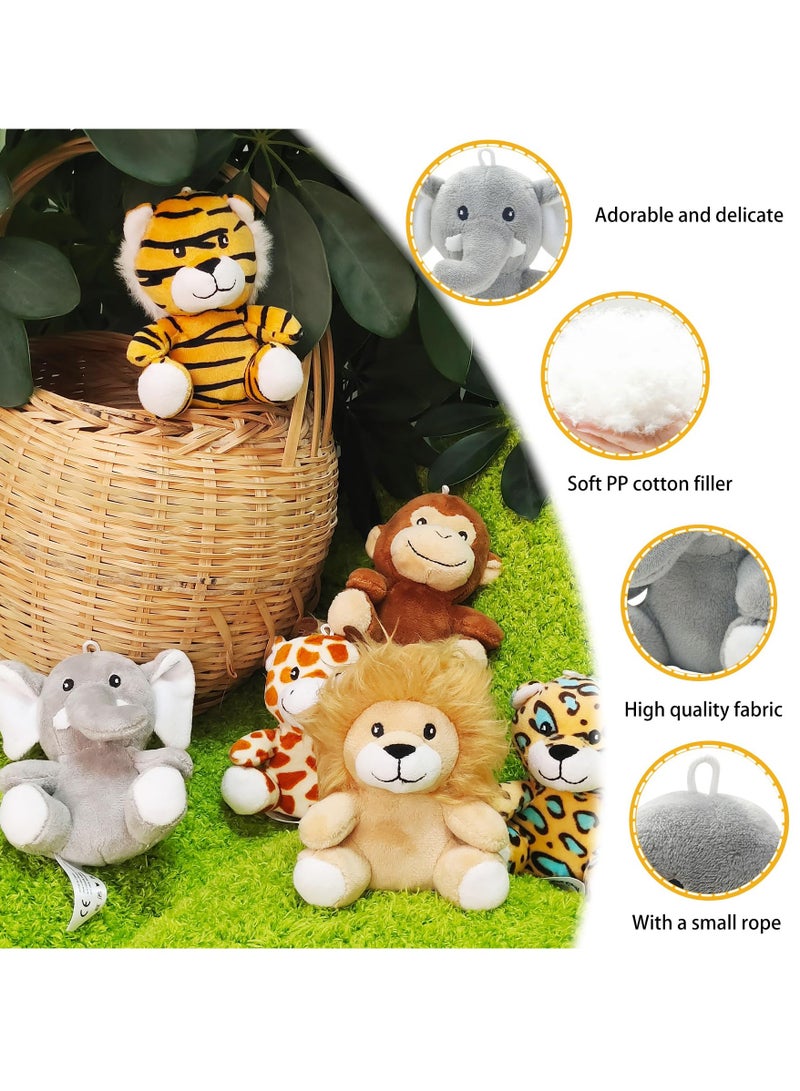 Toy 6 Piece Mini Jungle Stuffed Animals Set Lion Tiger Elephant Giraffe Leopard Monkey Soft Plush Toys for Animal and Woodland Themed Parties for Classroom Prizes and Gift for Boys and Girls