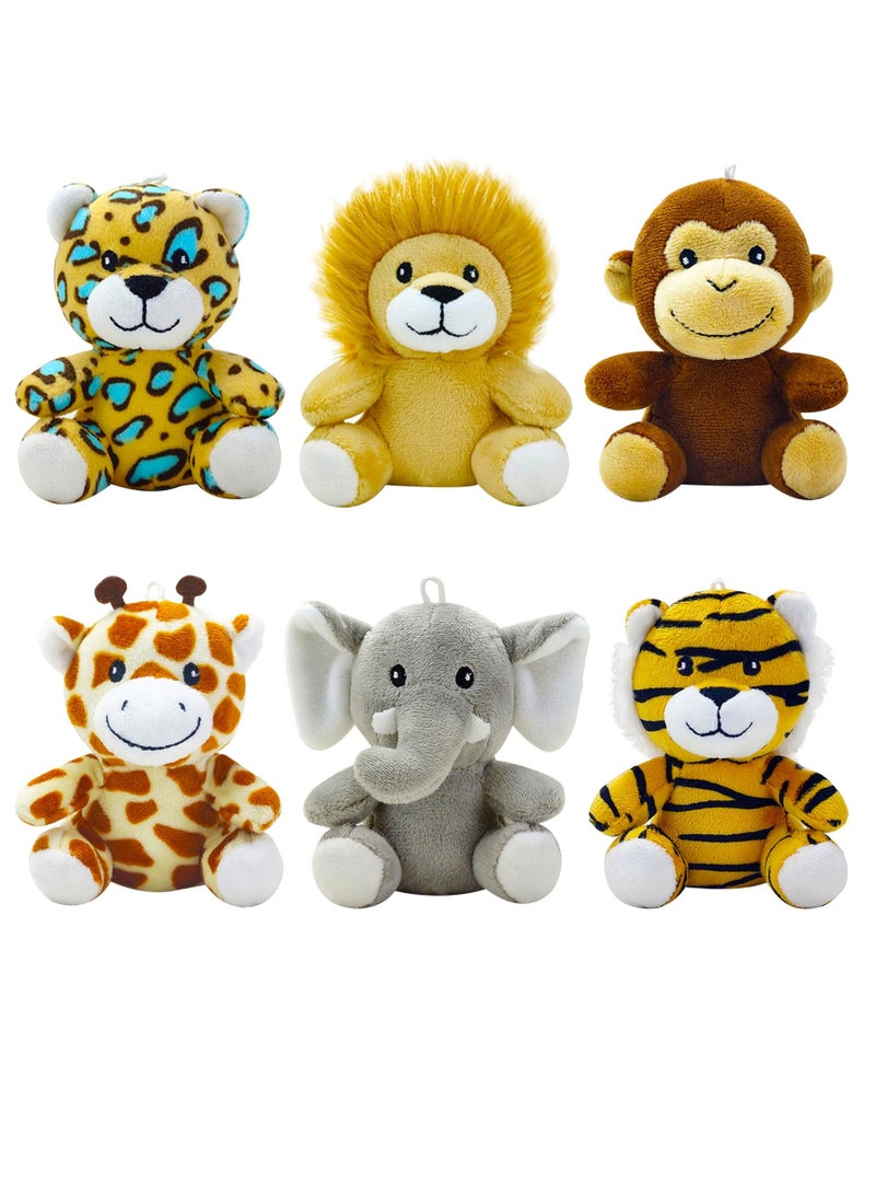 Toy 6 Piece Mini Jungle Stuffed Animals Set Lion Tiger Elephant Giraffe Leopard Monkey Soft Plush Toys for Animal and Woodland Themed Parties for Classroom Prizes and Gift for Boys and Girls