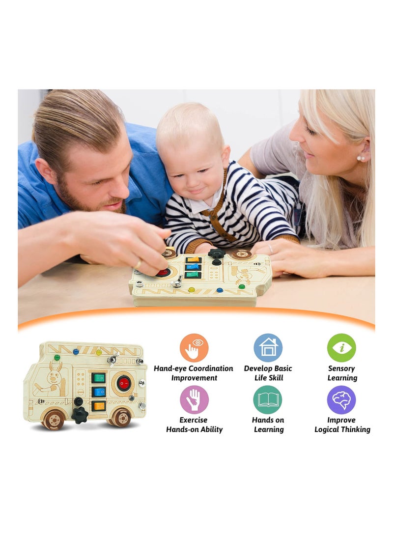 3-in-1 Montessori Busy Board with LED Light, Fire Truck Fine Motor Skills Toys, Wooden Car Busy Board, Screwdriver Mini Set, and Push Buttons for Engaging Learning Activities.