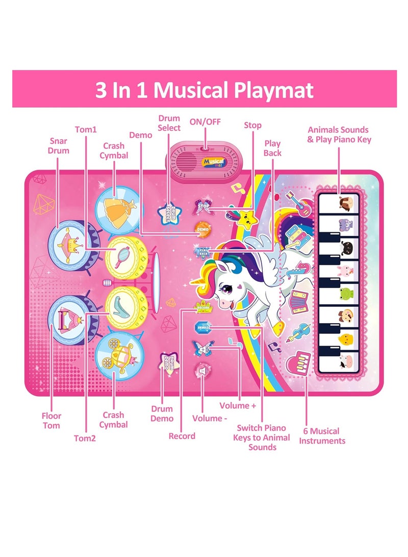 3 in 1 Piano Drum Babies Play Mat, Baby Activity Mat, Musical Toys Baby Floor Piano Drum Keyboard Mat, Piano Keyboard & Drum Animal Touch Unicorn Toys for Girls, Baby Toys (Unicorn Pink)