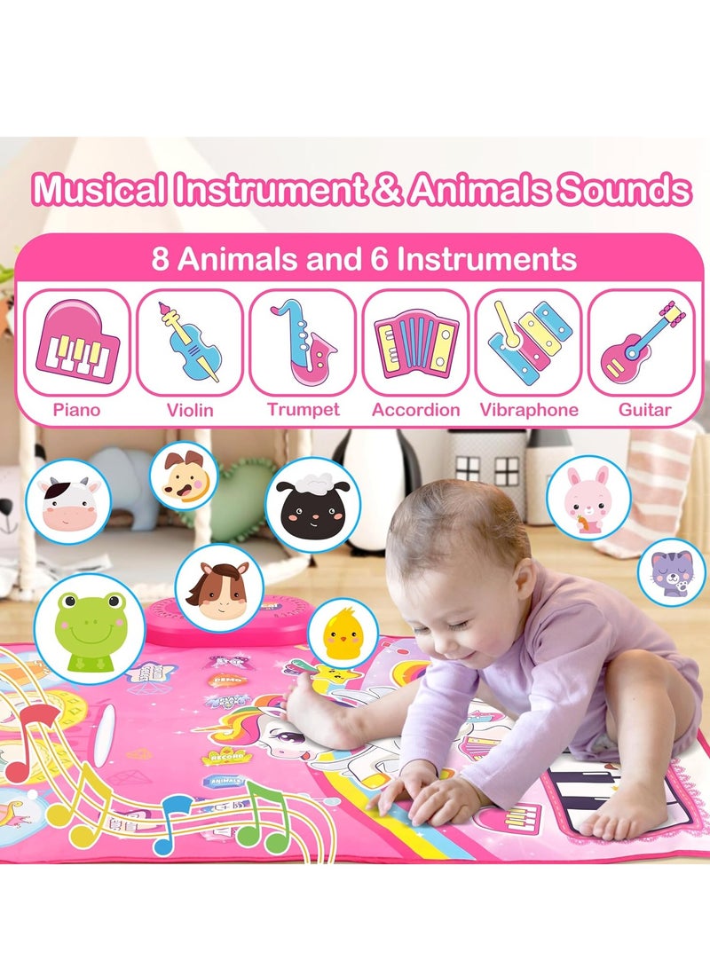 3 in 1 Piano Drum Babies Play Mat, Baby Activity Mat, Musical Toys Baby Floor Piano Drum Keyboard Mat, Piano Keyboard & Drum Animal Touch Unicorn Toys for Girls, Baby Toys (Unicorn Pink)