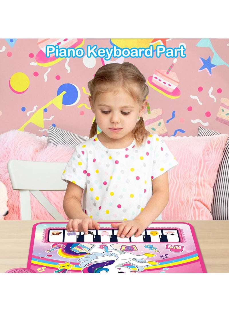 3 in 1 Piano Drum Babies Play Mat, Baby Activity Mat, Musical Toys Baby Floor Piano Drum Keyboard Mat, Piano Keyboard & Drum Animal Touch Unicorn Toys for Girls, Baby Toys (Unicorn Pink)