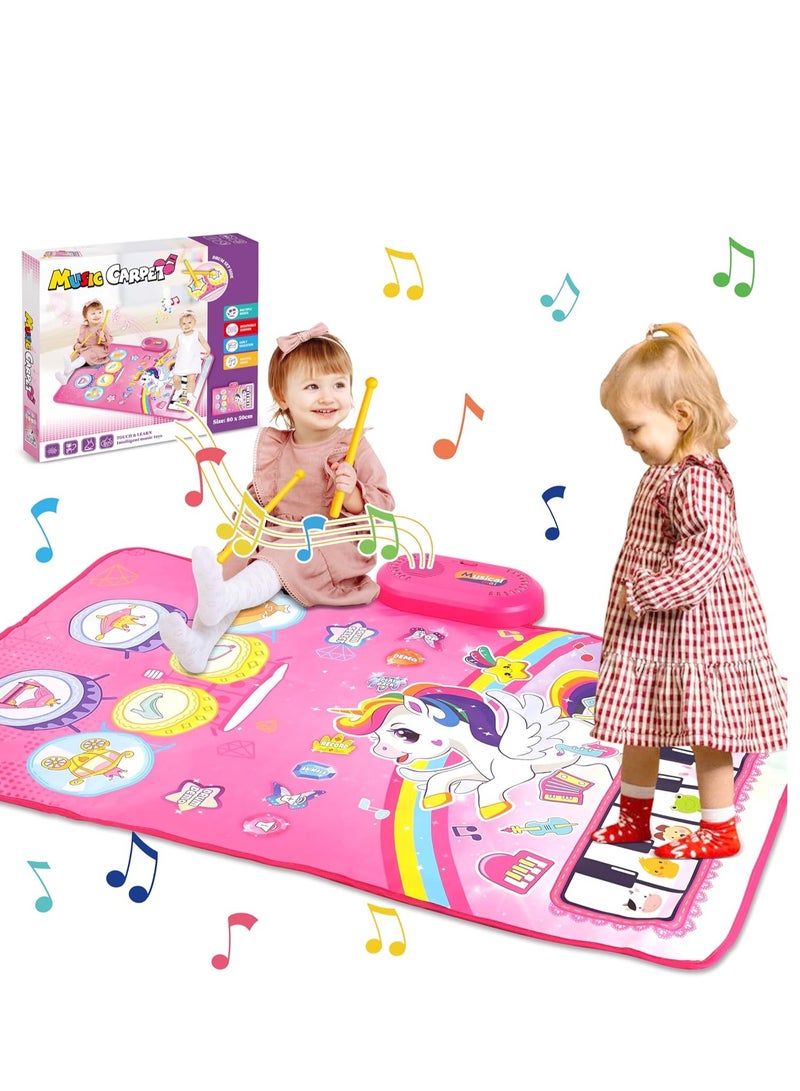 3 in 1 Piano Drum Babies Play Mat, Baby Activity Mat, Musical Toys Baby Floor Piano Drum Keyboard Mat, Piano Keyboard & Drum Animal Touch Unicorn Toys for Girls, Baby Toys (Unicorn Pink)