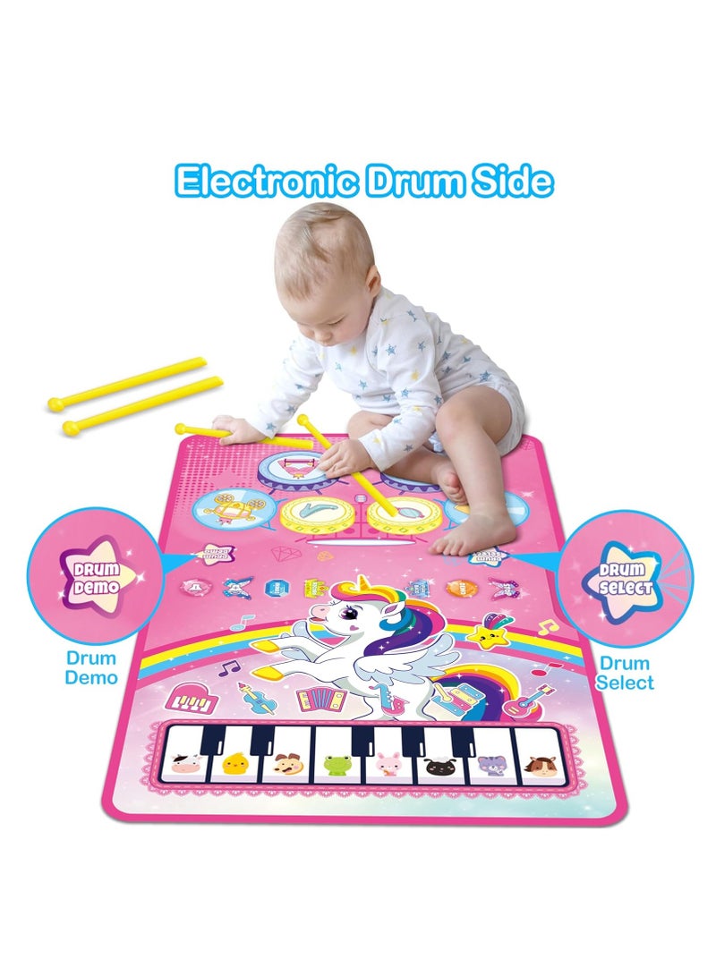 3 in 1 Piano Drum Babies Play Mat, Baby Activity Mat, Musical Toys Baby Floor Piano Drum Keyboard Mat, Piano Keyboard & Drum Animal Touch Unicorn Toys for Girls, Baby Toys (Unicorn Pink)