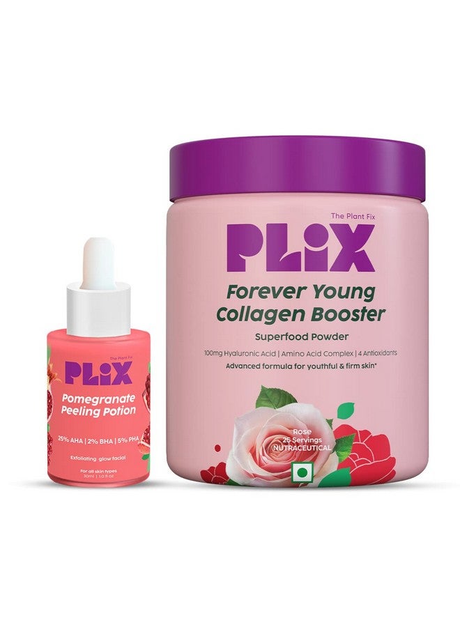 Plix Pomegranate Peeling Potion & Collagen Powder Combo; 25% Aha 2% Bha & Collagen; For Deep Exfoliation Enhanced Skin Elasticity & Youngerlooking Skin; For Women & Men