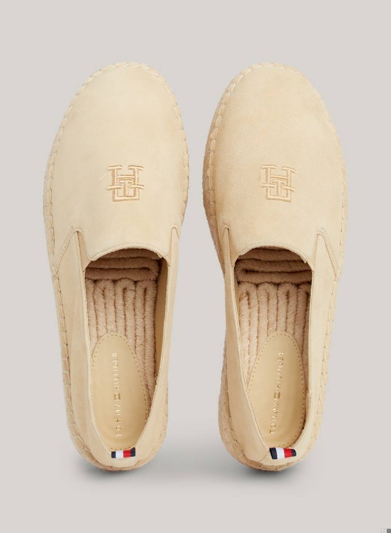 Women's Embroidered Suede Flat Espadrilles - Leather, Beige