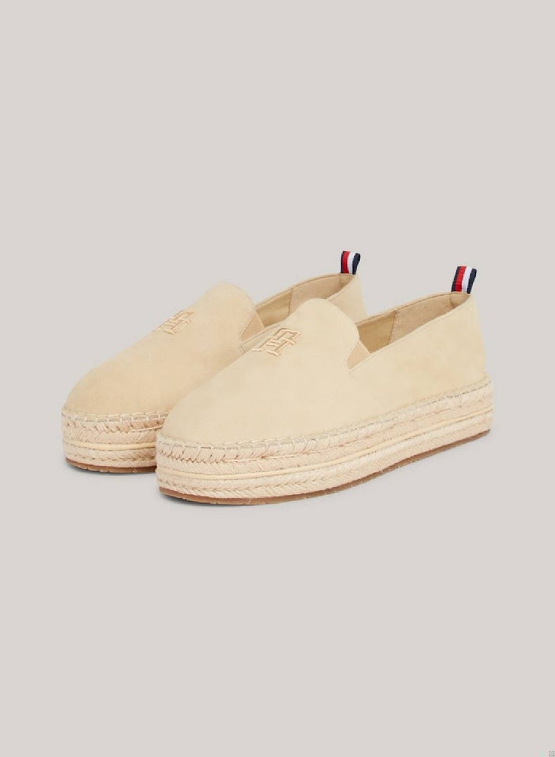 Women's Embroidered Suede Flat Espadrilles - Leather, Beige