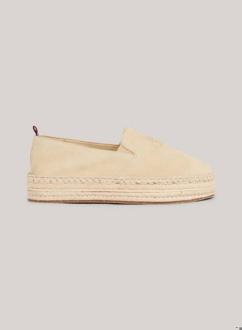 Women's Embroidered Suede Flat Espadrilles - Leather, Beige