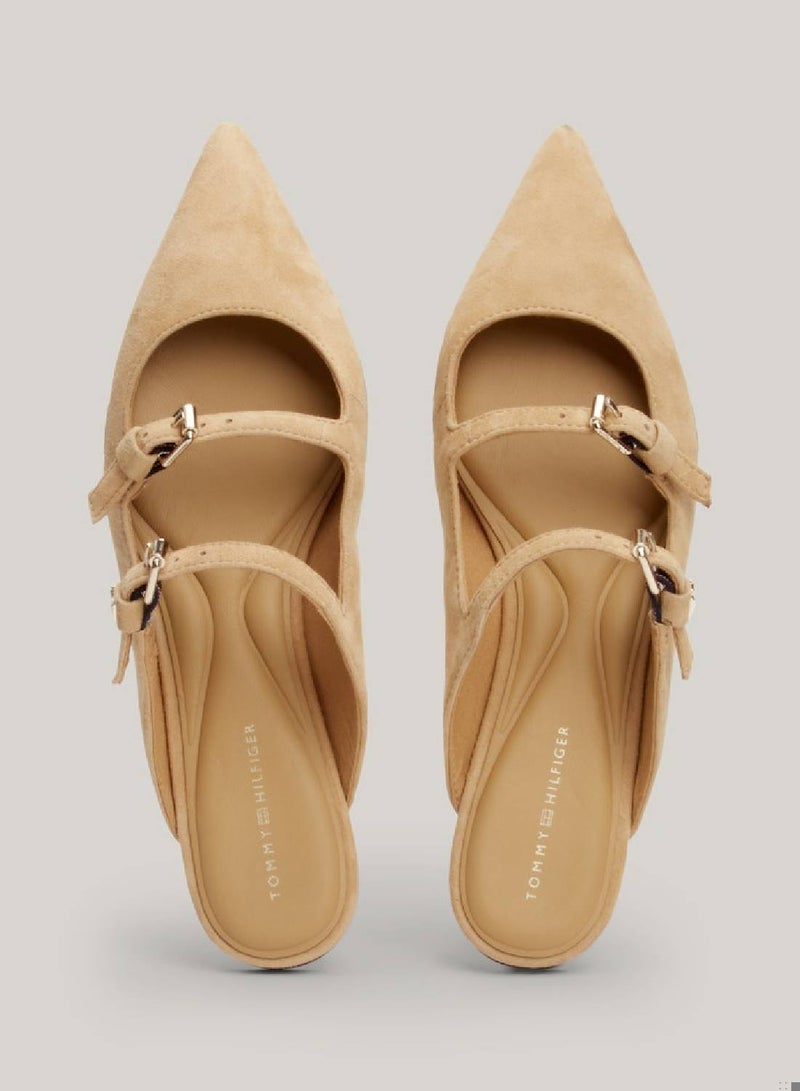 Women's Suede Pointed Mules -  Suede upper, Beige