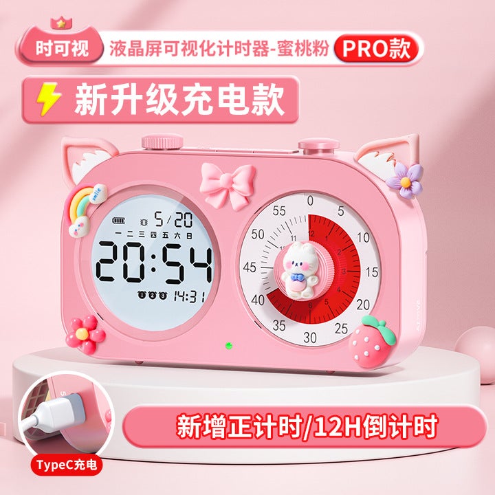 Cat Prince visual timer children learning electronic alarm clock self-discipline timing student self-study time manager (Added 12H timing) dual-screen visual timer Pro-peach pink