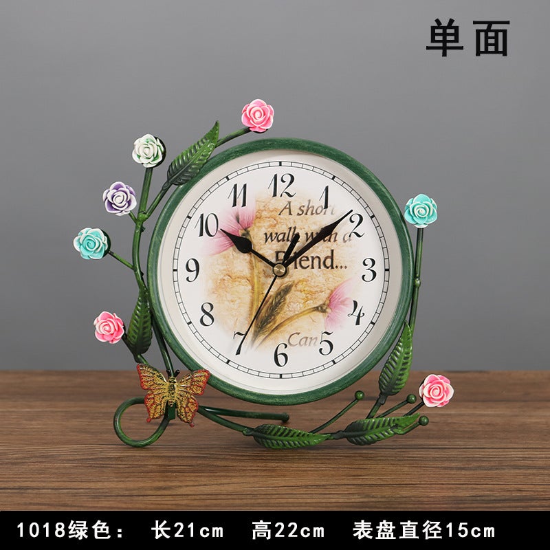 European Style Quiet Desk Clock Bedroom Living Room Creative Clock Ornaments Pastoral Iron Desktop Clock Clock Clock Double Sided Clock 1018 large green