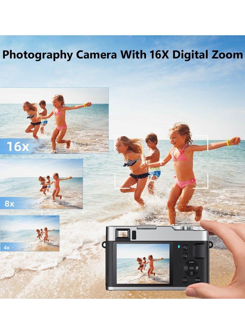 4K Digital Camera, Photography Auto Focus 48MP YouTube Vlog Camera, 16x Digital Zoom Camcorder Anti-Shake with 32GB Micro Card, Compact Point-and-Shoot Travel Camera