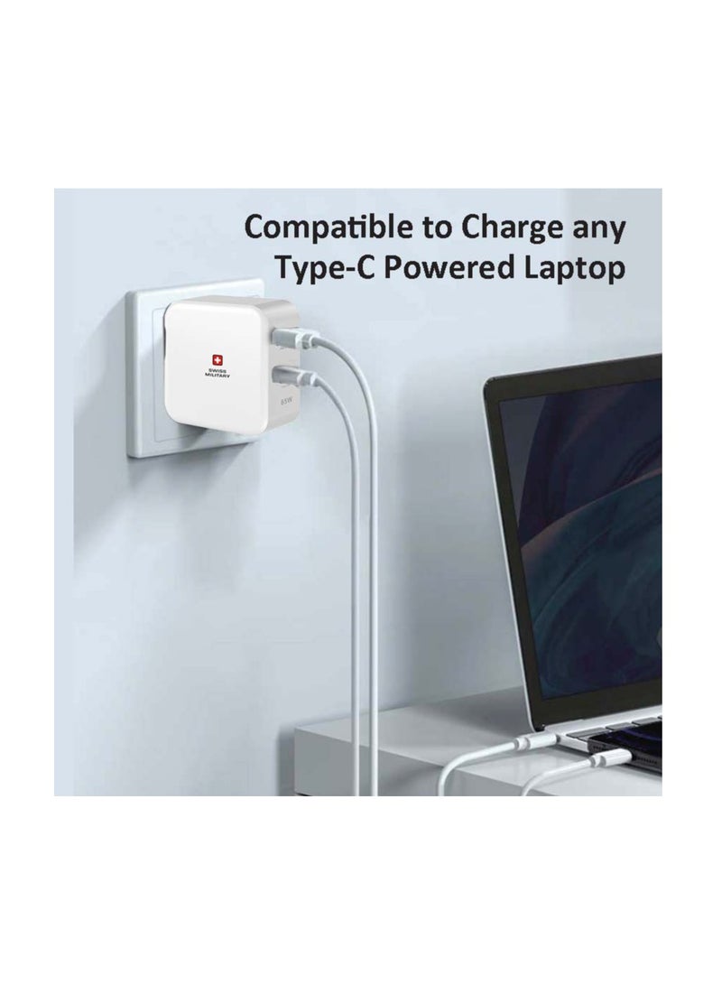 Swiss Military 65W USB C PD Fast Charger, Dual Port Type-C QC3.0 Wall with Multi Adapter UK/US/AU/EU Plug, compatible with iPhone 14, 14 Pro,Pro Max 13/12/12 Mini/12 Pro/12 Pro Max, Galaxy- White