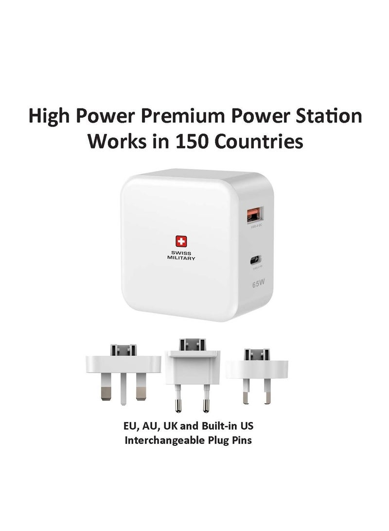 Swiss Military 65W USB C PD Fast Charger, Dual Port Type-C QC3.0 Wall with Multi Adapter UK/US/AU/EU Plug, compatible with iPhone 14, 14 Pro,Pro Max 13/12/12 Mini/12 Pro/12 Pro Max, Galaxy- White