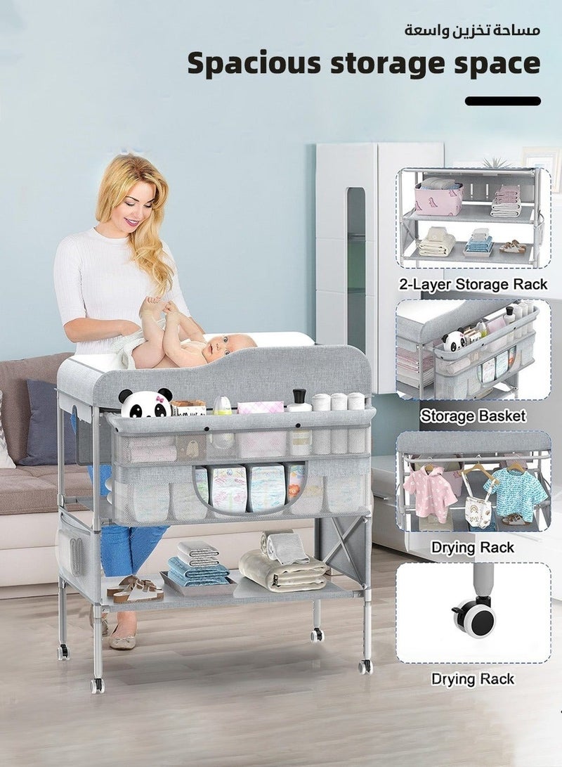 Baby Diaper Changing Table, Foldable Infant Diaper Station with Wheels, Nursery Organizer for Newborns, Babies Dresser Changing Table with Storage Rack, Strengthen Structure and 3 Adjustable Heights