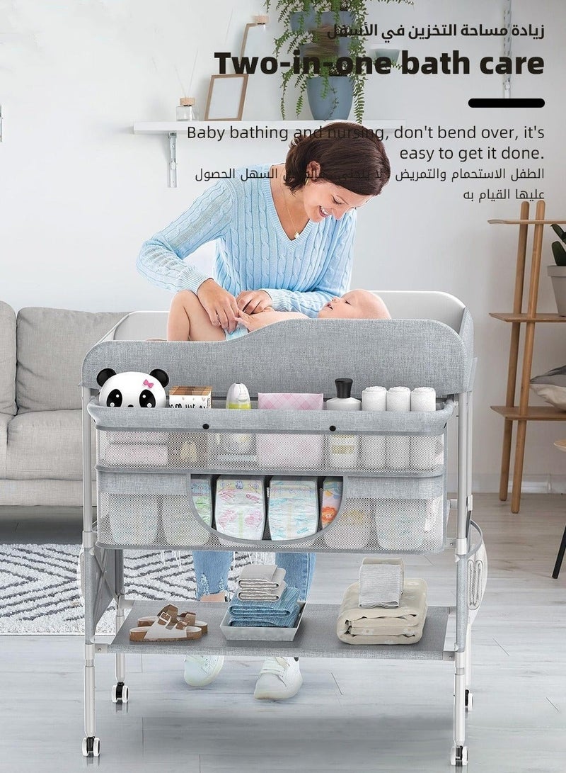 Baby Diaper Changing Table, Foldable Infant Diaper Station with Wheels, Nursery Organizer for Newborns, Babies Dresser Changing Table with Storage Rack, Strengthen Structure and 3 Adjustable Heights