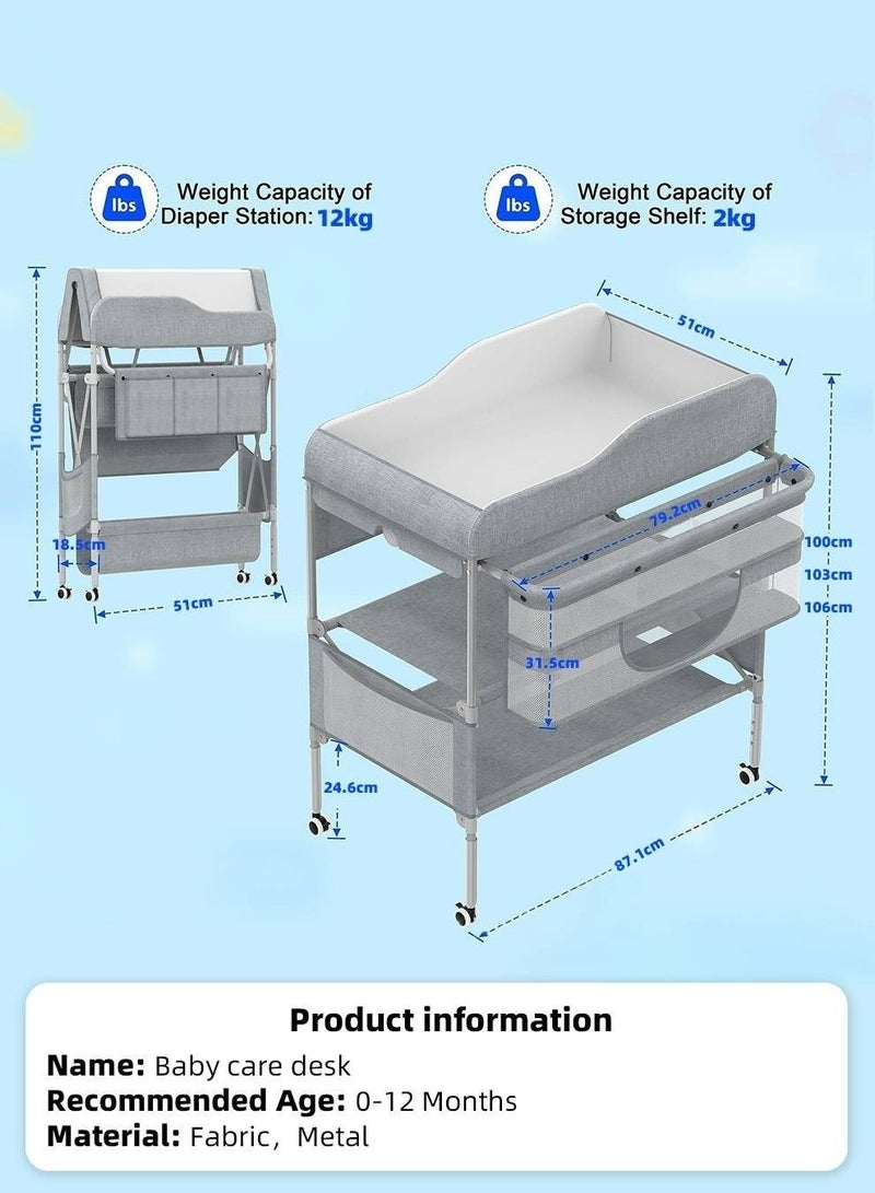 Baby Diaper Changing Table, Foldable Infant Diaper Station with Wheels, Nursery Organizer for Newborns, Babies Dresser Changing Table with Storage Rack, Strengthen Structure and 3 Adjustable Heights