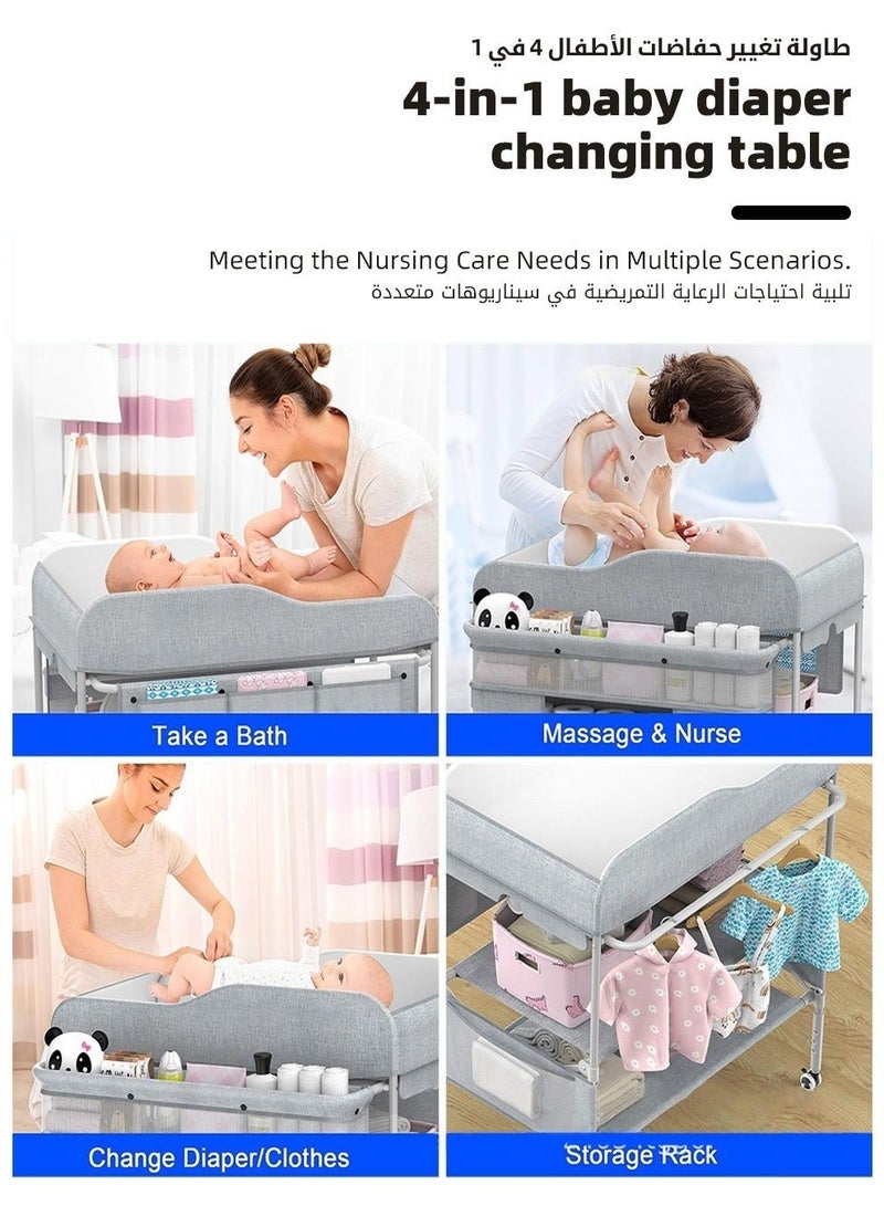 Baby Diaper Changing Table, Foldable Infant Diaper Station with Wheels, Nursery Organizer for Newborns, Babies Dresser Changing Table with Storage Rack, Strengthen Structure and 3 Adjustable Heights