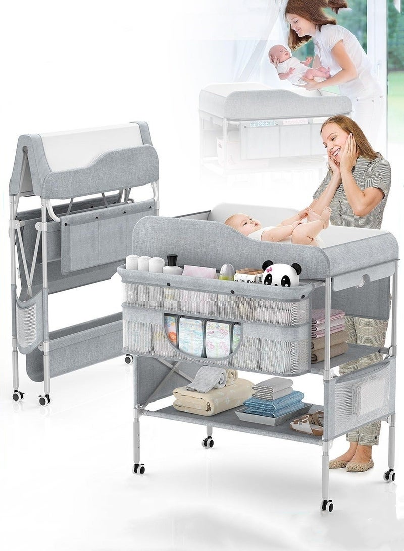 Baby Diaper Changing Table, Foldable Infant Diaper Station with Wheels, Nursery Organizer for Newborns, Babies Dresser Changing Table with Storage Rack, Strengthen Structure and 3 Adjustable Heights