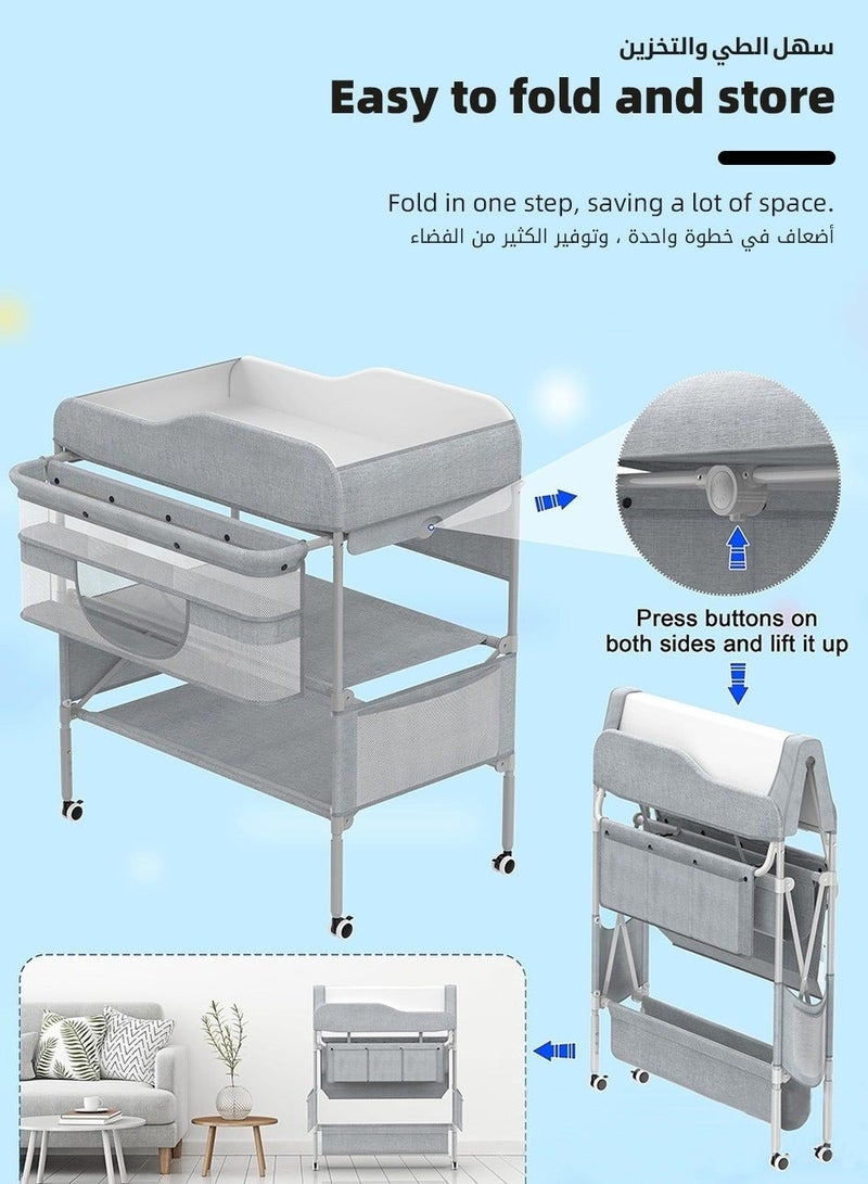 Baby Diaper Changing Table, Foldable Infant Diaper Station with Wheels, Nursery Organizer for Newborns, Babies Dresser Changing Table with Storage Rack, Strengthen Structure and 3 Adjustable Heights