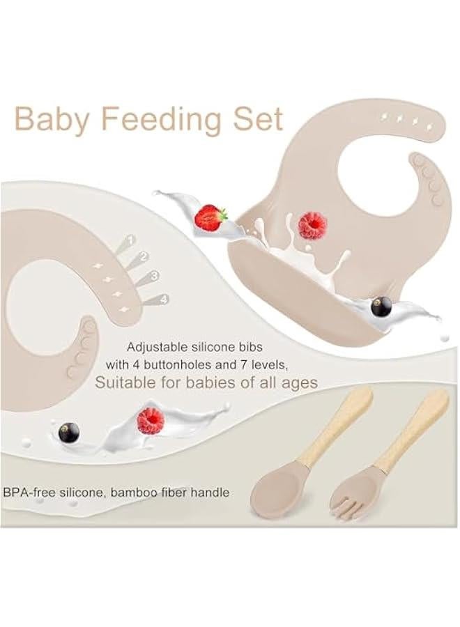 Silicone Baby Feeding Set, Baby Led Weaning Supplies with Suction Bowl Divided Plate, Toddler Self Feeding Dish Set with Spoons Forks Sippy Cup Adjustable Bib, Eating Utensils for 6+ Months